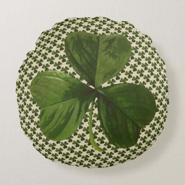 St Patrick's Day Green Irish Shamrock Pattern Round Cushion (Front)