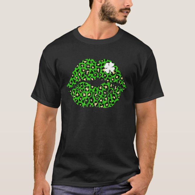 St Patrick's Day Green Leopard Lips Kiss Me Irish  T-Shirt (Front)