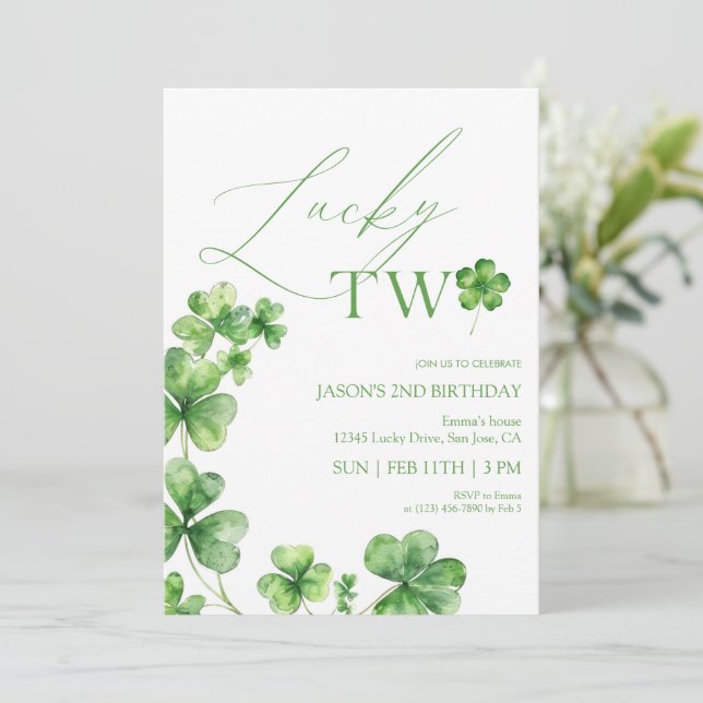 St. Patrick's day green Lucky Two Second Birthday Invitation (Standing Front)
