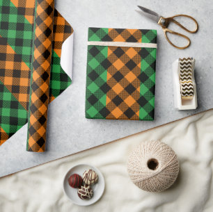 St. Patrick's Day Green Orange Plaid Pattern Wrapping Paper