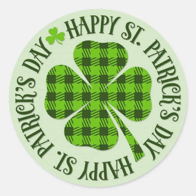 St Patricks Day Green Plaid Shamrock Clover Classic Round Sticker (Front)