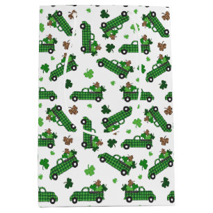 St Patricks Day Green Plaid Truck Clover Leaf Medium Gift Bag