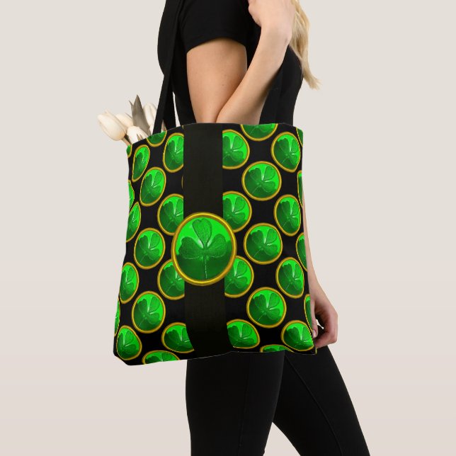 ST PATRICK'S DAY GREEN SHAMROCK GEMSTONE Black Tote Bag (Close Up)