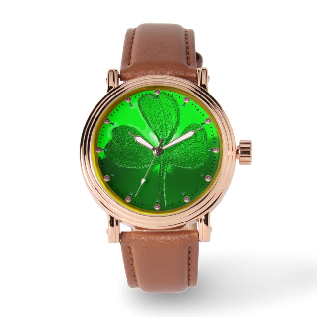 ST PATRICK'S DAY GREEN SHAMROCK GEMSTONE JEWEL WATCH (Front)