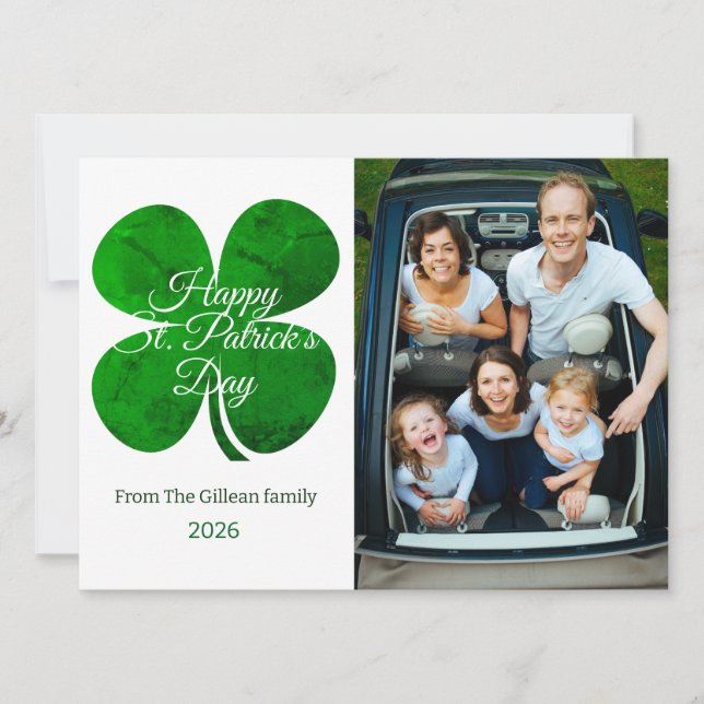 St. patrick's day Green Shamrocks family photo Hol Holiday Card (Front)