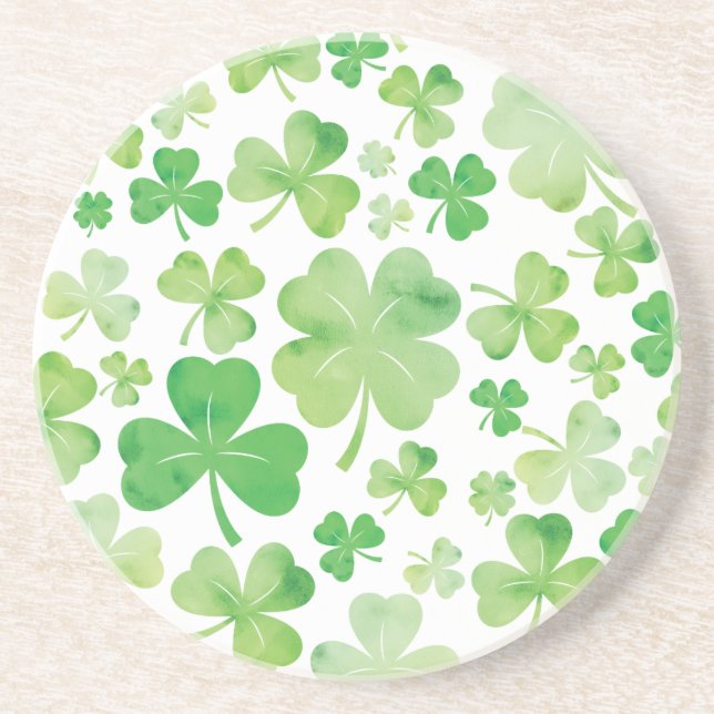 St Patricks Day Green Watercolour Shamrock Pattern Coaster (Front)