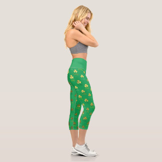 St. Patrick's Day Green with Gold Shamrocks Capri Leggings