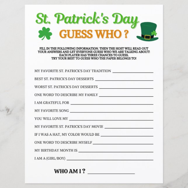St. Patrick's Day Guess Who Game (Front)