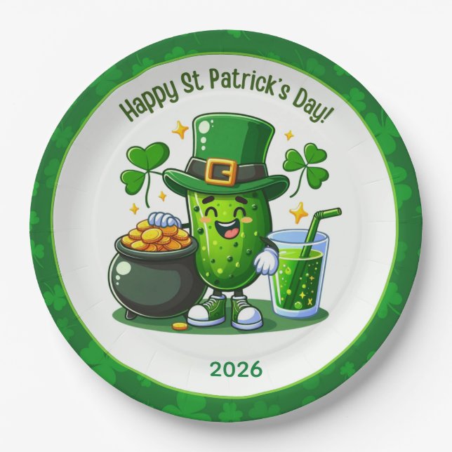 St Patricks Day Happy Pickle Paper Plate (Front)