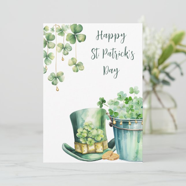 St Patrick's Day Hat and Clover  Holiday Card (Standing Front)