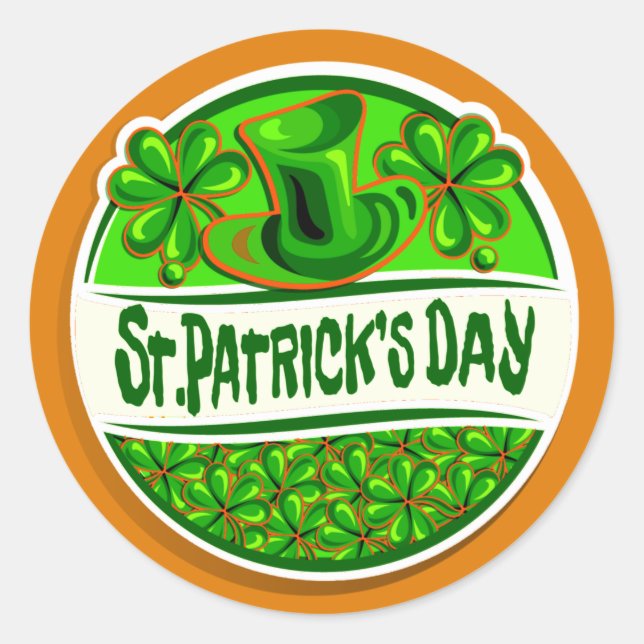 St Patrick's Day Hat Shamrocks Green Orange Classic Round Sticker (Front)