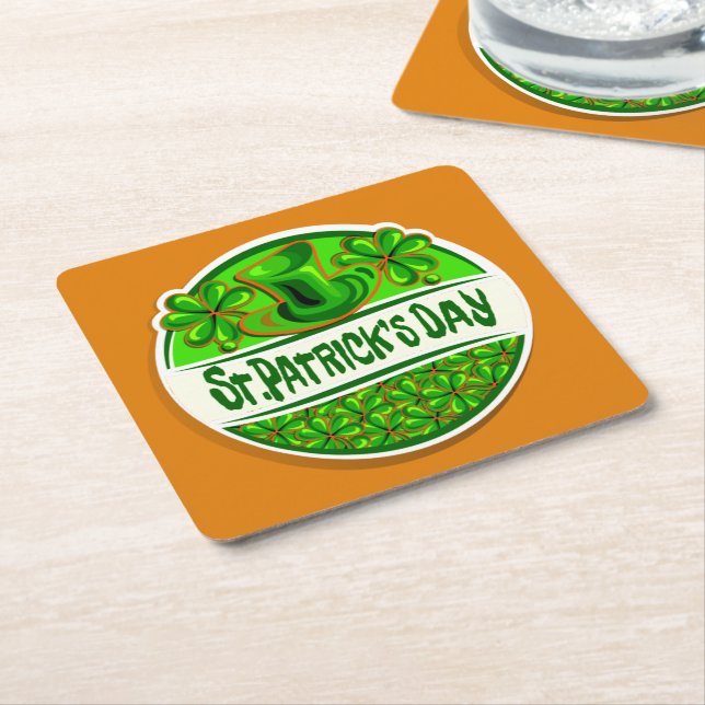 St Patrick's Day Hat Shamrocks Green Orange Square Paper Coaster (Angled)