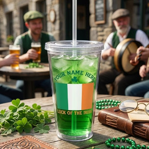 St Patrick's Day Ireland Flag Custom Name Shamrock Acrylic Tumbler
