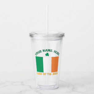 St Patrick's Day Ireland Flag Custom Name Shamrock Acrylic Tumbler