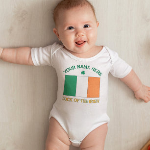 St Patrick's Day Ireland Flag Custom Name Shamrock Baby Bodysuit