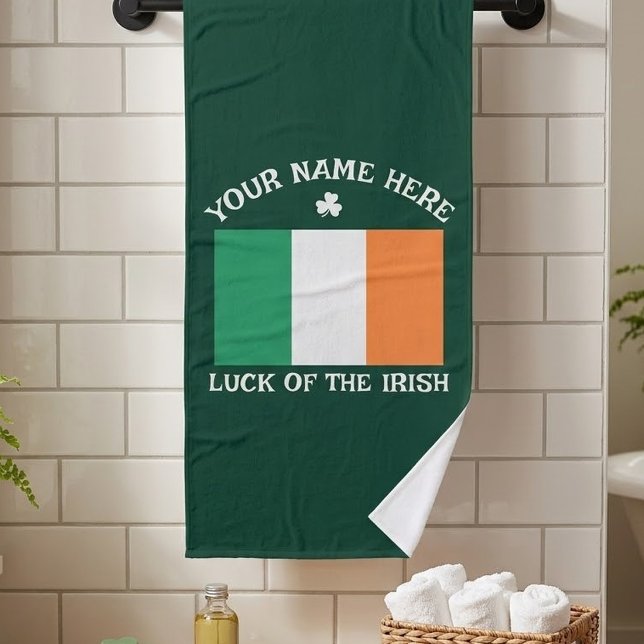 St Patrick's Day Ireland Flag Custom Name Shamrock Bath Towel (Creator Uploaded)