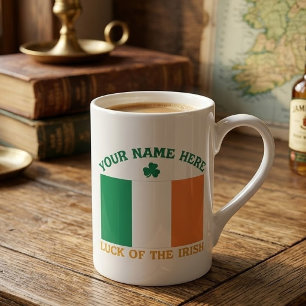 St Patrick's Day Ireland Flag Custom Name Shamrock Bone China Mug