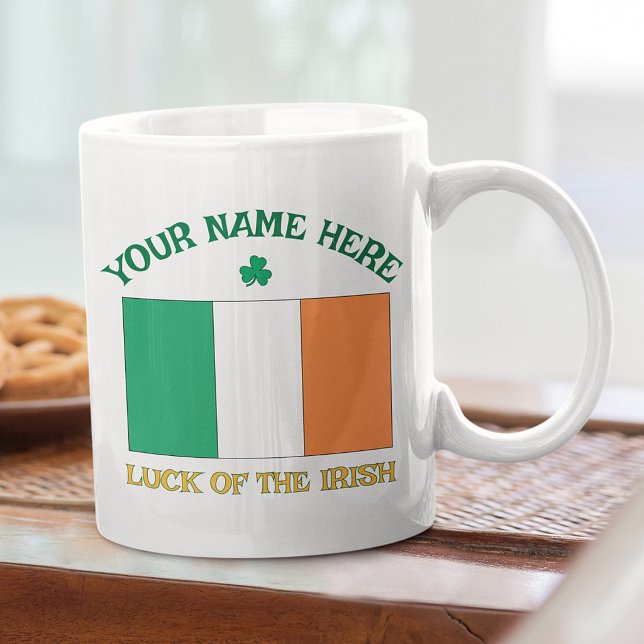 St Patrick's Day Ireland Flag Custom Name Shamrock Coffee Mug (Creator Uploaded)