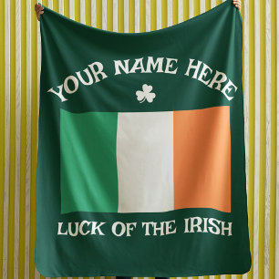 St Patrick's Day Ireland Flag Custom Name Shamrock Fleece Blanket