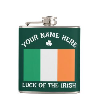 St Patrick's Day Ireland Flag Custom Name Shamrock Hip Flask