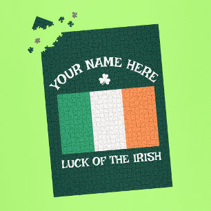 St Patrick's Day Ireland Flag Custom Name Shamrock Jigsaw Puzzle