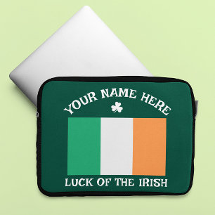 St Patrick's Day Ireland Flag Custom Name Shamrock Laptop Sleeve