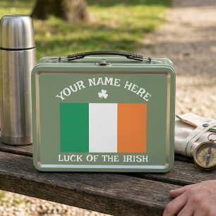 St Patrick's Day Ireland Flag Custom Name Shamrock Metal Lunch Box