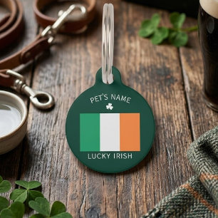 St Patrick's Day Ireland Flag Custom Name Shamrock Pet Tag