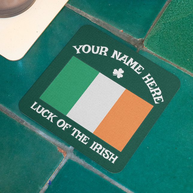 St Patrick's Day Ireland Flag Custom Name Shamrock Square Paper Coaster (Creator Uploaded)