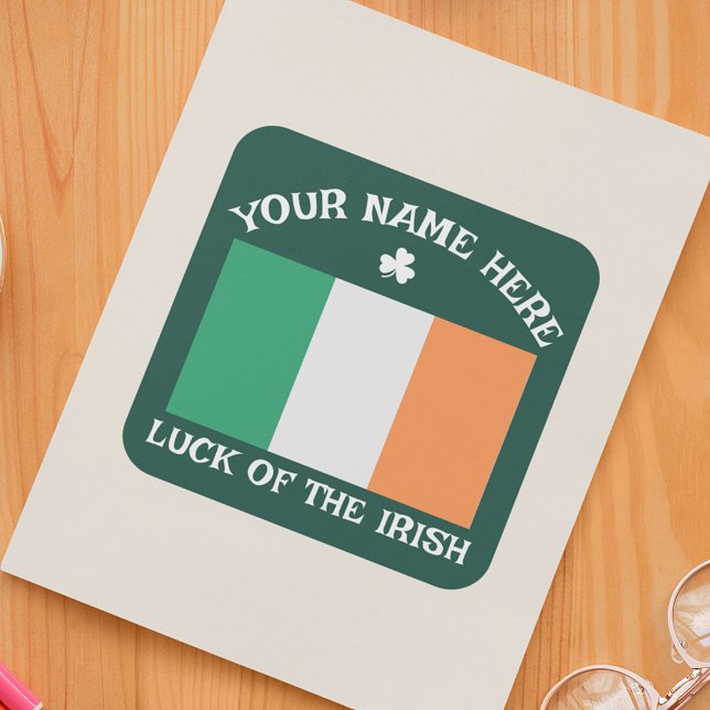 St Patrick's Day Ireland Flag Custom Name Shamrock Square Sticker (Creator Uploaded)