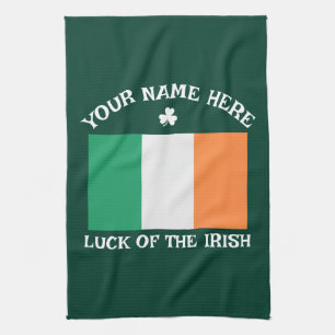St Patrick's Day Ireland Flag Custom Name Shamrock Tea Towel