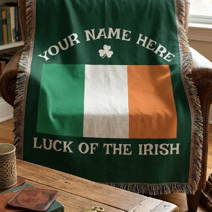 St Patrick's Day Ireland Flag Custom Name Shamrock Throw Blanket