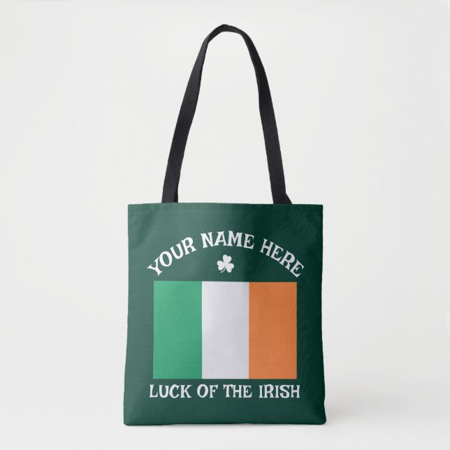 St Patrick's Day Ireland Flag Custom Name Shamrock Tote Bag (Front)