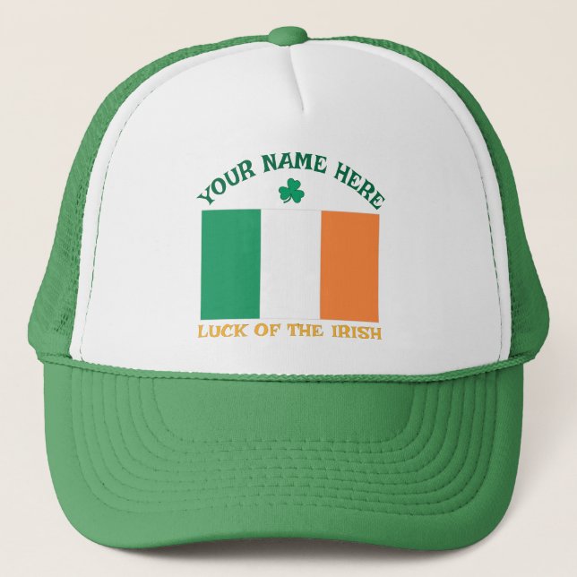 St Patrick's Day Ireland Flag Custom Name Shamrock Trucker Hat (Front)