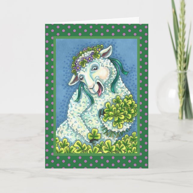 ST. PATRICK'S DAY IRISH EWE, SHEEP & SHAMROCKS HOLIDAY CARD (Front)
