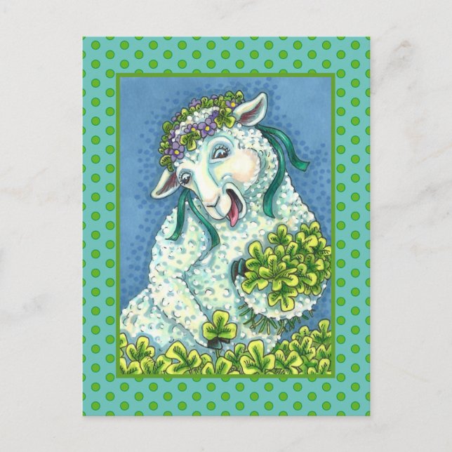 ST. PATRICK'S DAY IRISH EWE, SHEEP & SHAMROCKS POSTCARD (Front)