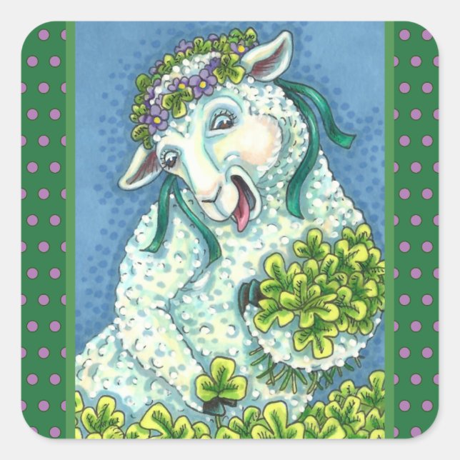 ST. PATRICK'S DAY IRISH EWE, SHEEP & SHAMROCKS SQUARE STICKER (Front)
