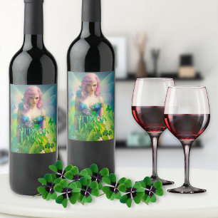 St Patrick's Day Irish Fairy with Clover detail Wine Label