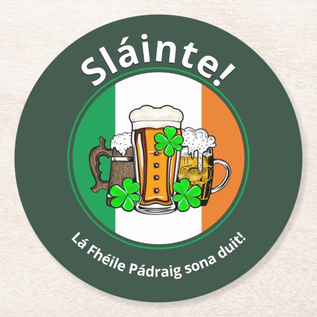 ST PATRICKS DAY Irish Flag Beer Round Paper Coaster (Front)