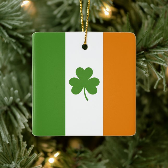 St Patrick's Day Irish Flag with Shamrock Clover Ceramic Ornament (Tree)