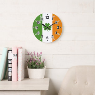 St Patrick's Day Irish Flag with Shamrock Clover Large Clock
