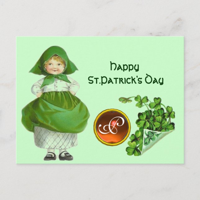 ST PATRICK'S DAY- IRISH GIRL  AGATE MONOGRAM  HOLIDAY POSTCARD (Front)