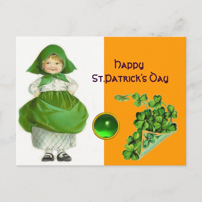 ST. PATRICK'S DAY- IRISH GIRL  EMERALD GEMSTONE  HOLIDAY POSTCARD (Front)
