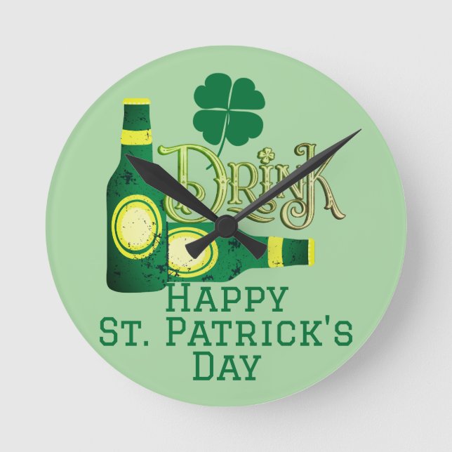 St. Patrick's Day Irish green lucky Shamrock  Round Clock (Front)