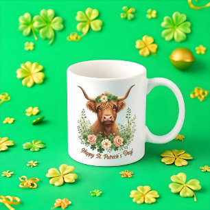 St Patricks Day Irish Highland Cow Green Clover Coffee Mug