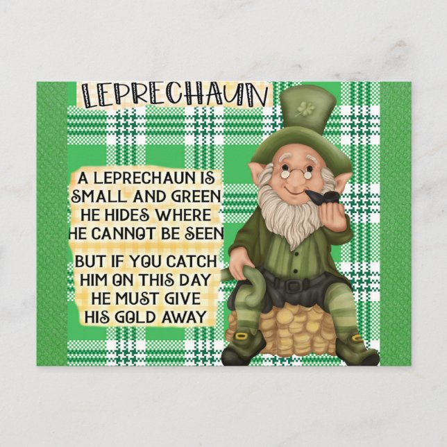 St Patricks Day Irish Leprechaun Poem Green Postcard (Front)
