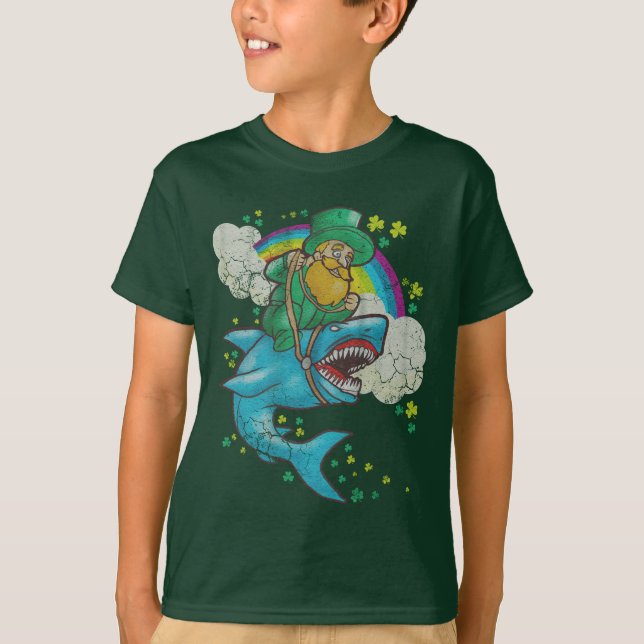 St Patricks Day Irish Leprechaun Riding Shark T-Shirt (Front)
