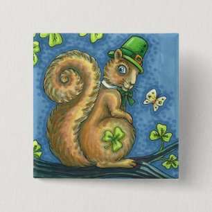 ST. PATRICK'S DAY IRISH LEPRECHAUN SQUIRREL, Lucky 15 Cm Square Badge