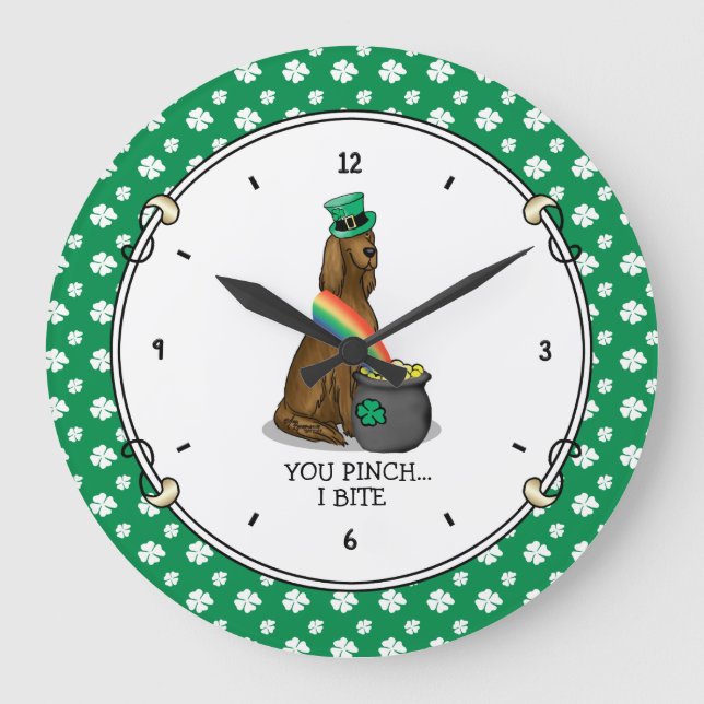 St. Patrick's Day Irish Setter Dog (red 1) Funny Large Clock (Front)