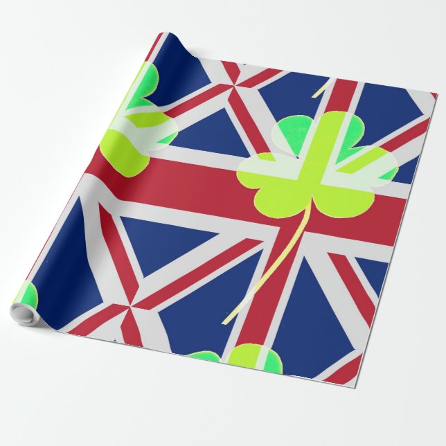 St. Patrick's Day Irish Shamrock Clover UK Flag Wrapping Paper (Unrolled)